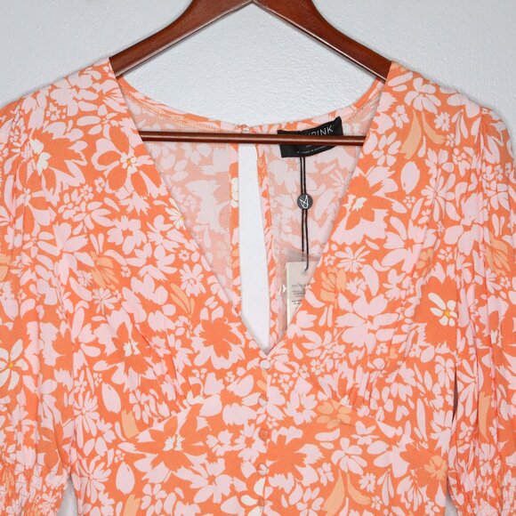 MINKPINK Marli Floral Mini Dress Orange Pink V-Neck Puff Sleeve Keyhole Back - Picture 12 of 16